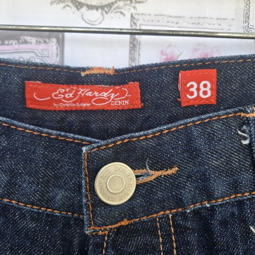 VTG Ed Hardy Christian Audigier Tiger Embroidered Baggy‎ Denim Jeans Mens 38x34
